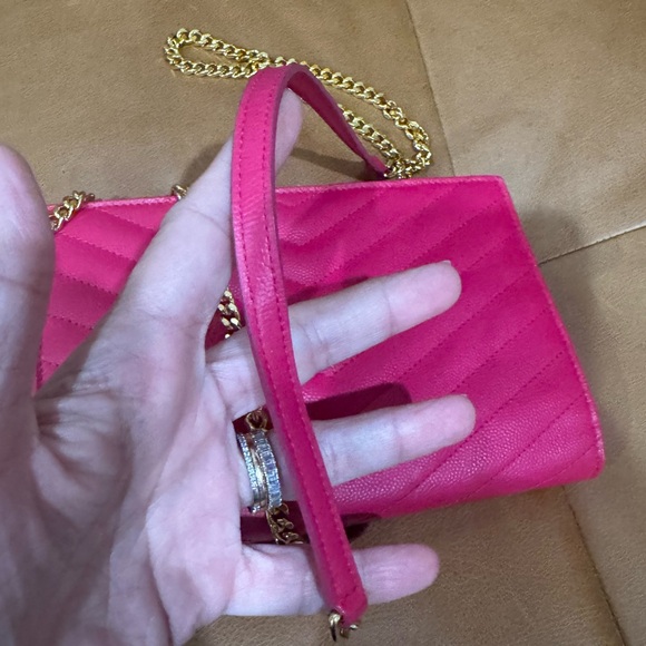 YSL Saint Laurent Bright Pink Chevron Quilted Caviar Leather Wallet on Chain WOC - Picture 8 of 17